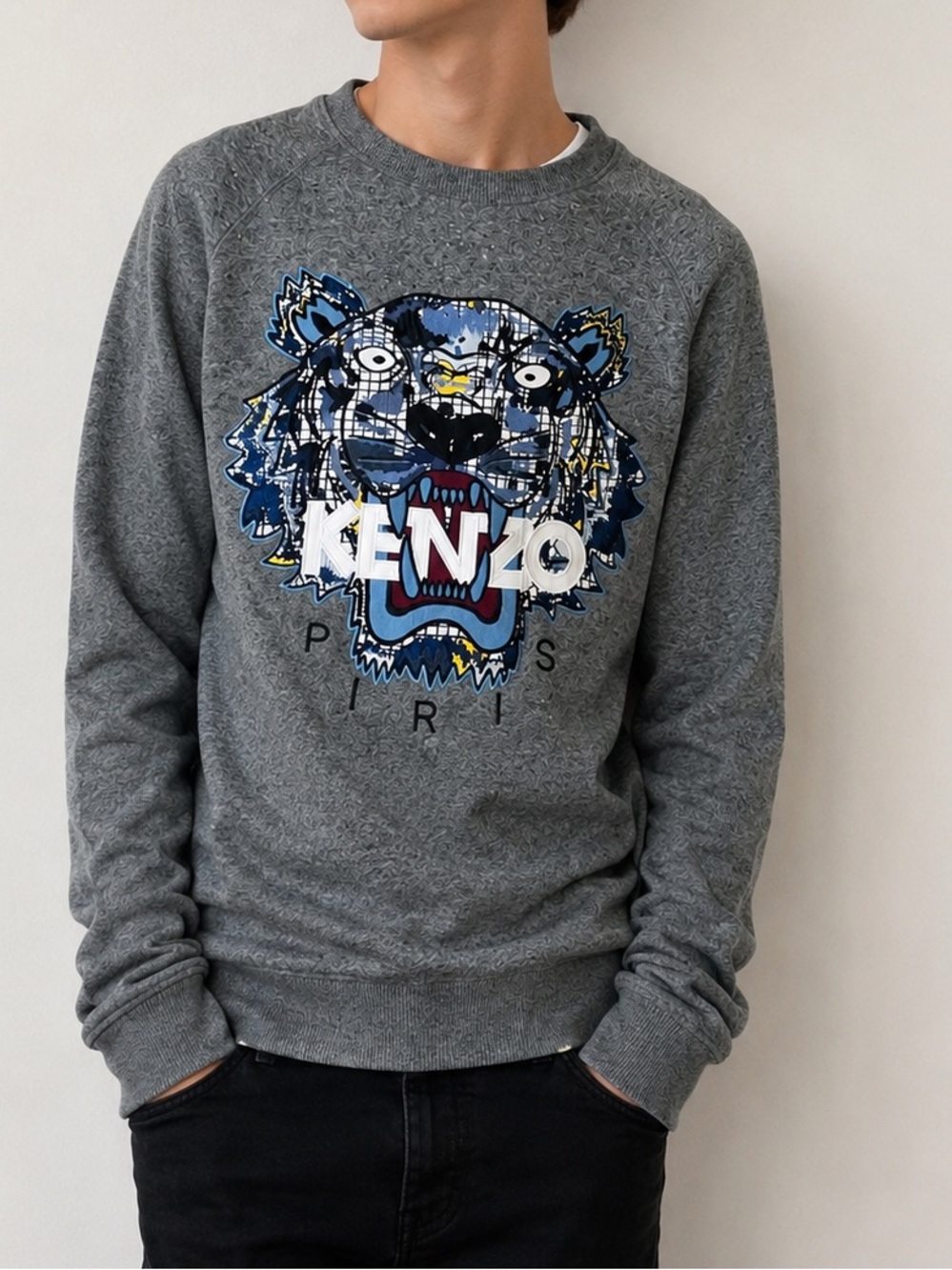 Kenzo Grey Crewneck Sweatshirt with Multicolor Tiger Patch